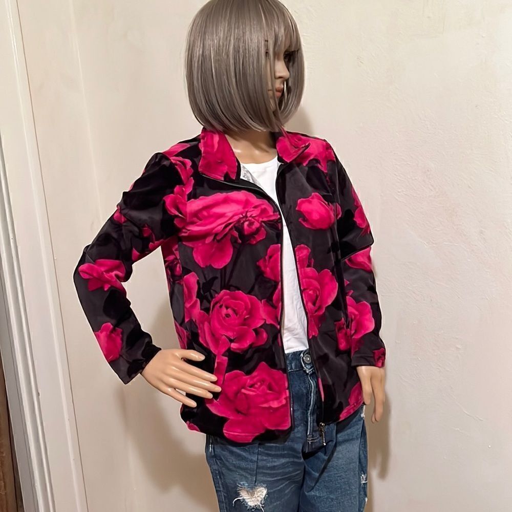 Vintage Preppy Full Zip Funnel Neck Velour Black With Large Pink Roses Jacket S